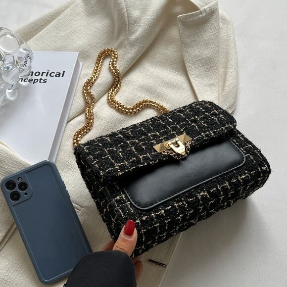 Black Elegant Women's Plaid Thick Small Square Bag Shoulder Bag - Picture 6 of 8